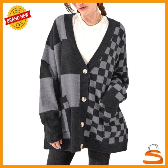 Sweaters - Oversized Slouchy Cardigan Plaid Knit Open Front Loose Fit Y2K Chic